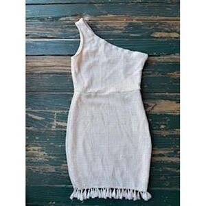 Cream Waffle Knit One Shoulder Fringe Mini Dress Bodycon Tassel Trim Boho